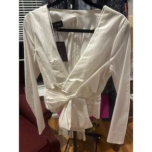 Talbot Runhof White Wrap Silk Blend Blouse Sz 42 / 12 NWT MSRP $1,550
